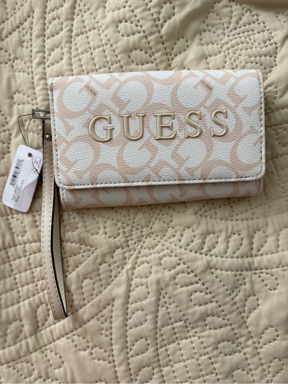 GUESS Signature Logo Wristlet Clutch in Blush and White
